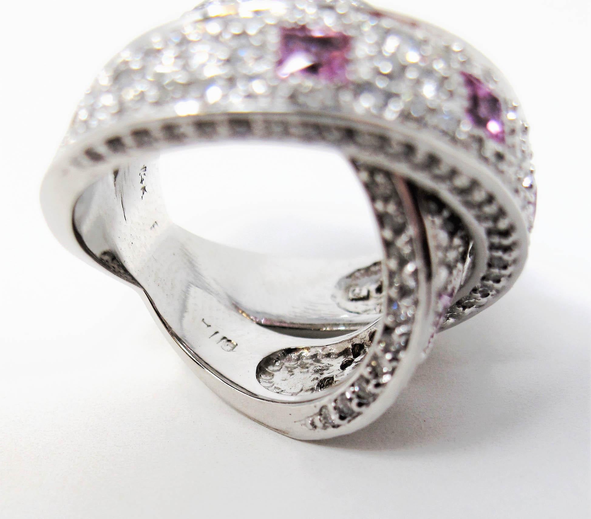 3.83 Carats Pave Diamond and Pink Sapphire Crossover Band Ring 14 Karat Gold For Sale 4