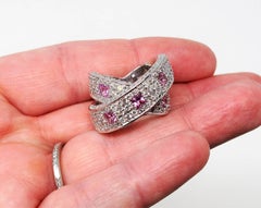 3.83 Carats Pave Diamond and Pink Sapphire Crossover Band Ring 14 Karat Gold