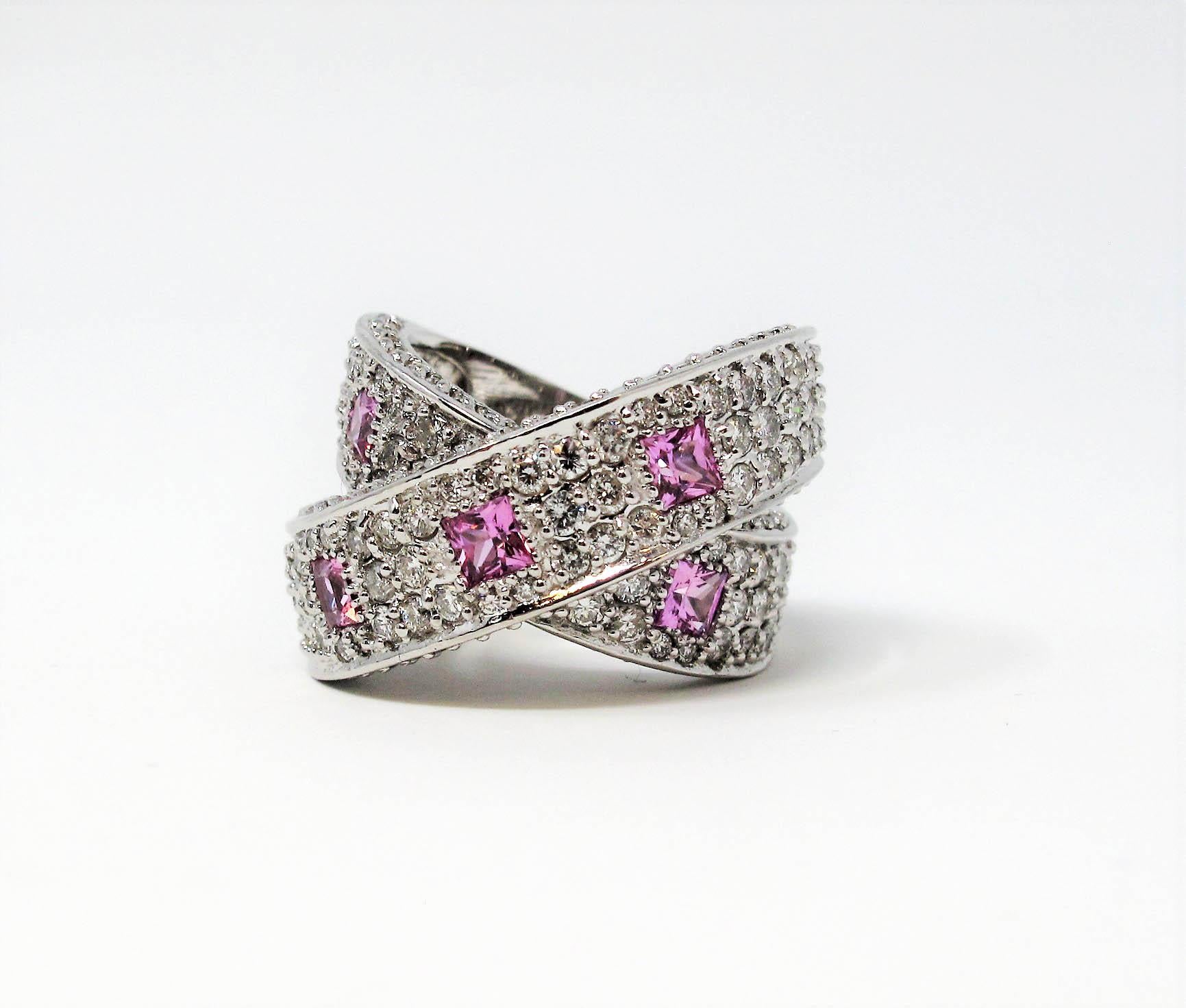 Contemporary 3.83 Carats Pave Diamond and Pink Sapphire Crossover Band Ring 14 Karat Gold For Sale