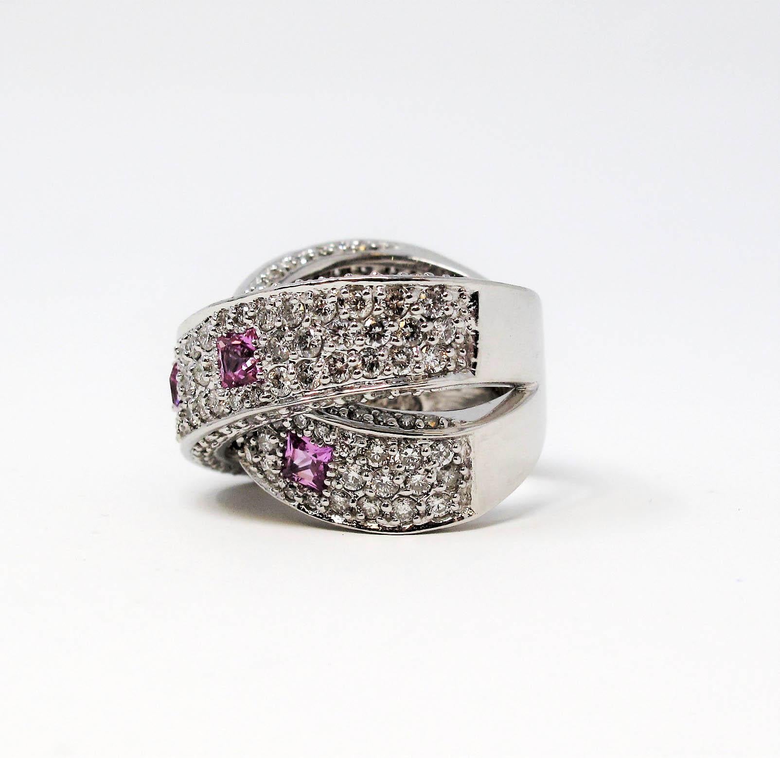 Princess Cut 3.83 Carats Pave Diamond and Pink Sapphire Crossover Band Ring 14 Karat Gold For Sale