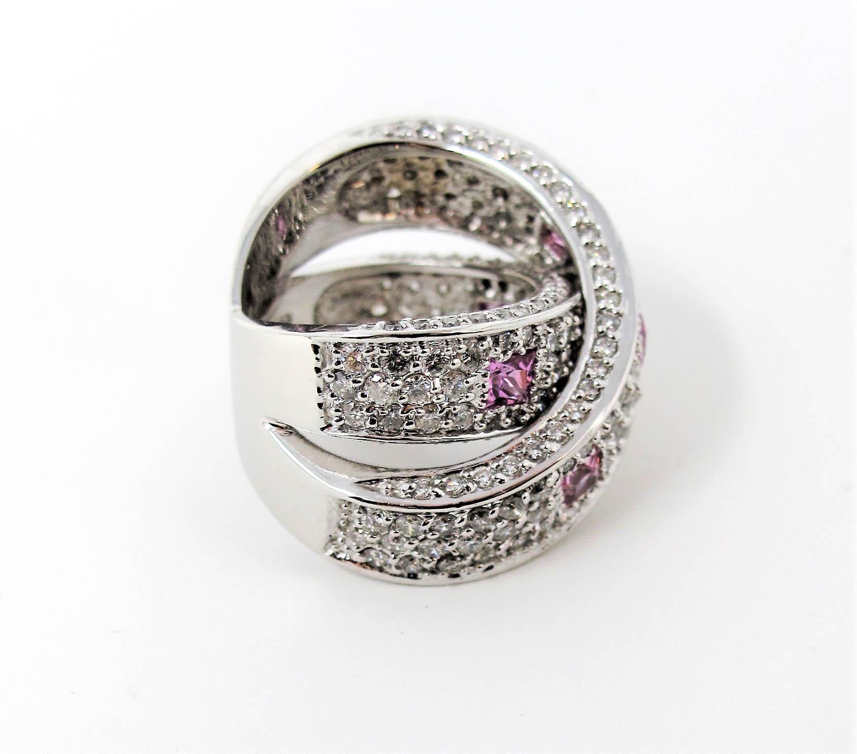 3.83 Carats Pave Diamond and Pink Sapphire Crossover Band Ring 14 Karat Gold In Good Condition For Sale In Scottsdale, AZ