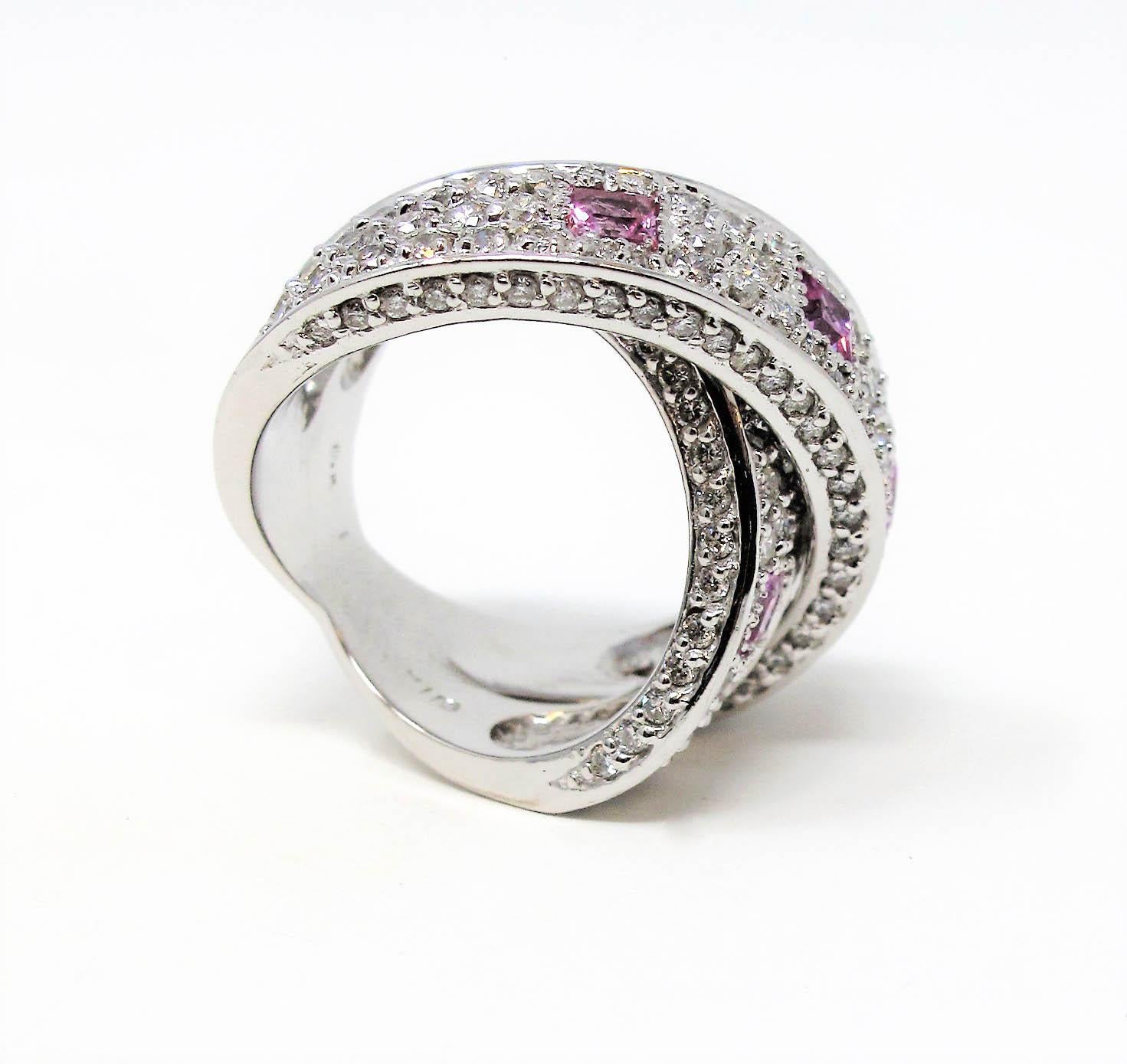 Women's 3.83 Carats Pave Diamond and Pink Sapphire Crossover Band Ring 14 Karat Gold For Sale