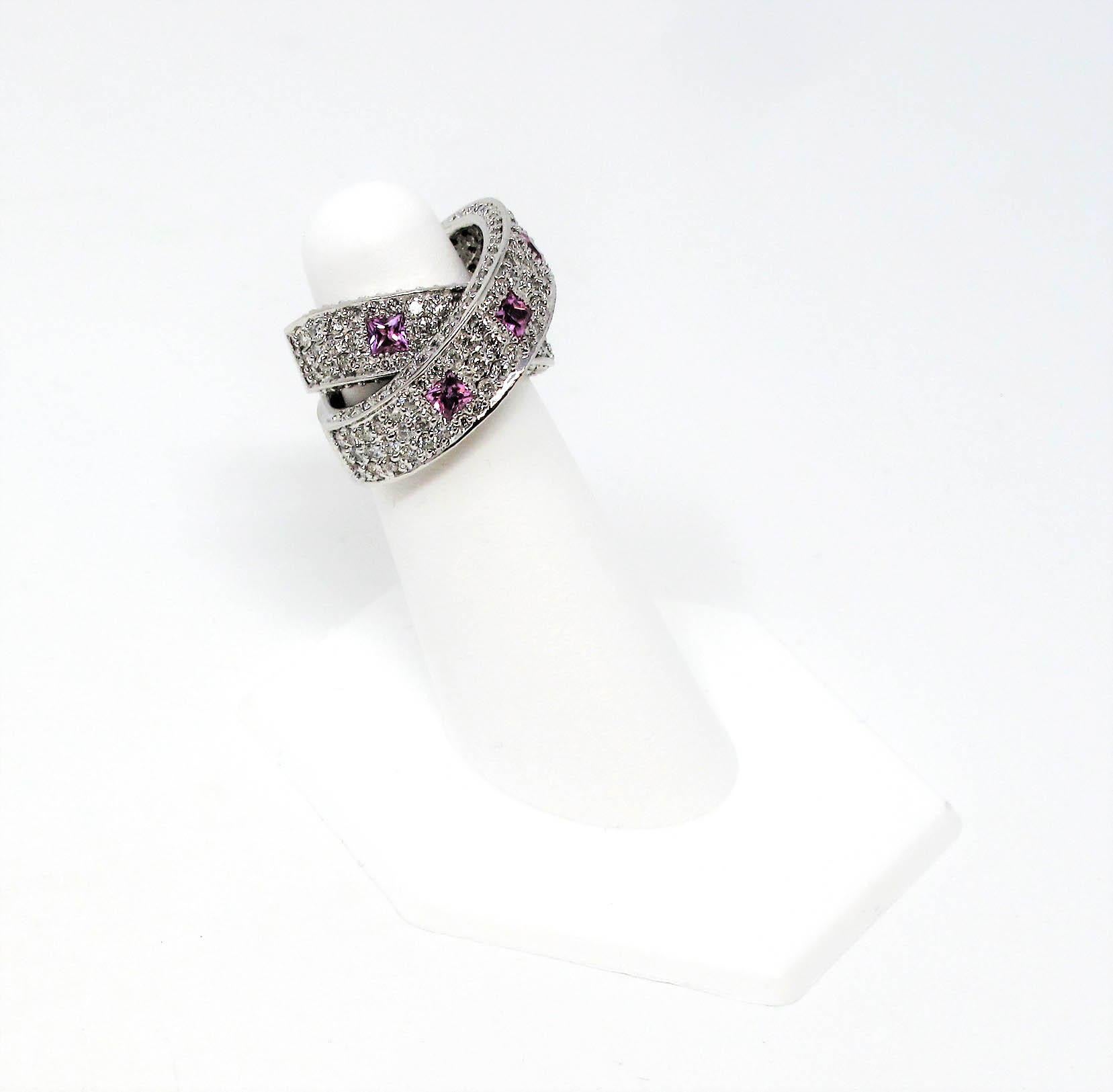 3.83 Carats Pave Diamond and Pink Sapphire Crossover Band Ring 14 Karat Gold For Sale 2