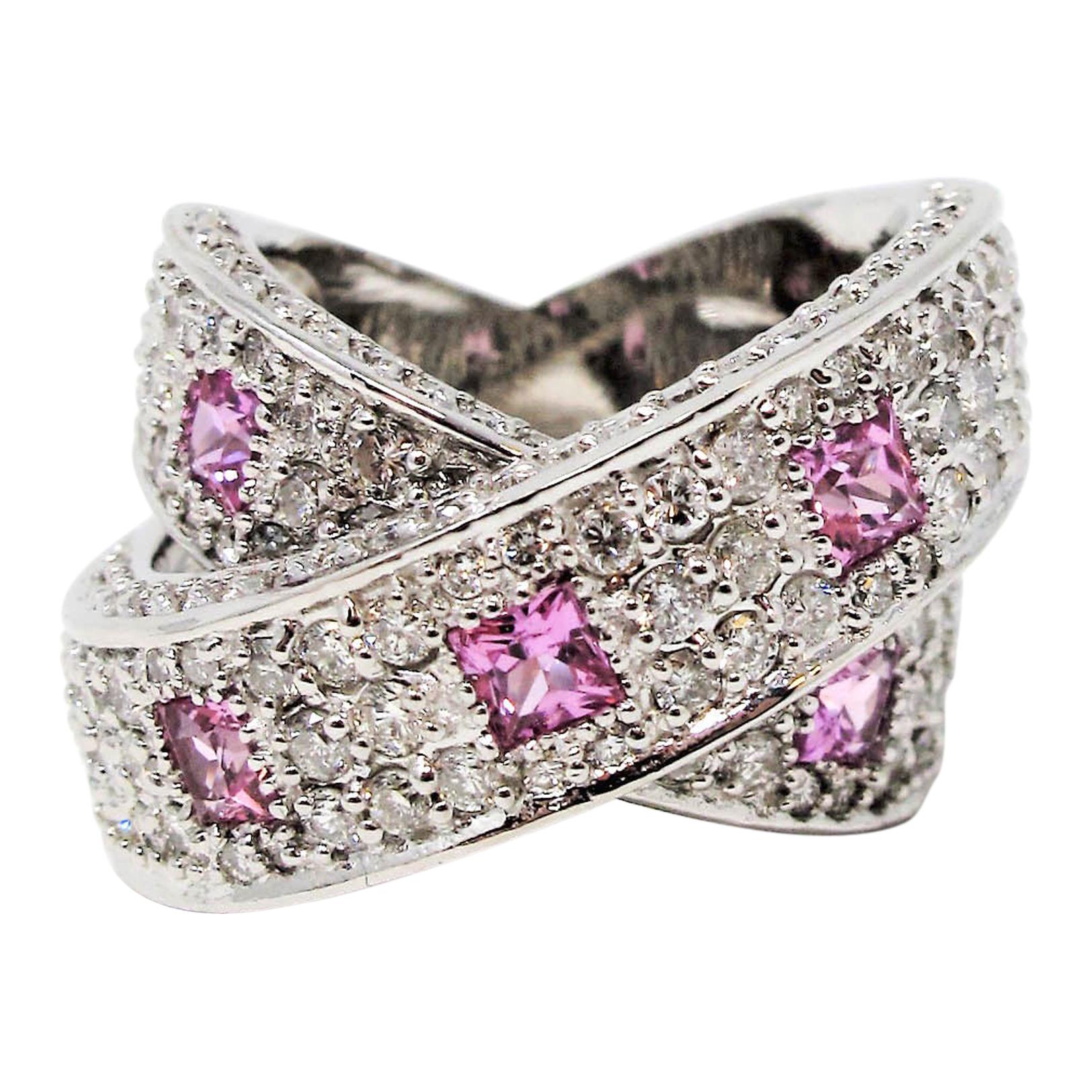 3.83 Carats Pave Diamond and Pink Sapphire Crossover Band Ring 14 Karat Gold