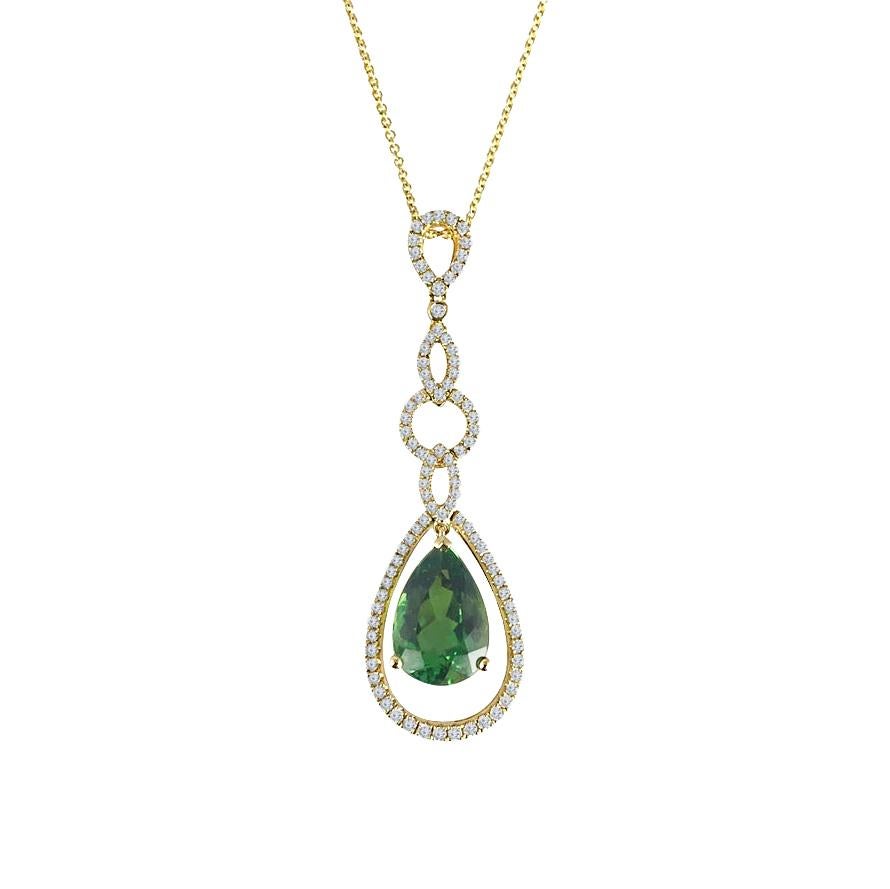 This beautiful pendant features a 3.83 carat pear shape green tourmaline center, dangling inside a frame of white diamonds set in 18k yellow gold. The multi-layered bail is decorated with additional round white diamonds, and adds a playful dangle to