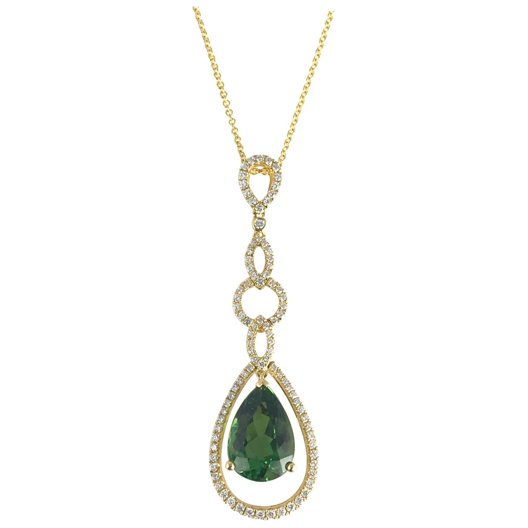 3.83 Carat Pear Shape Green Tourmaline and Diamond Pendant in 18 Karat Gold