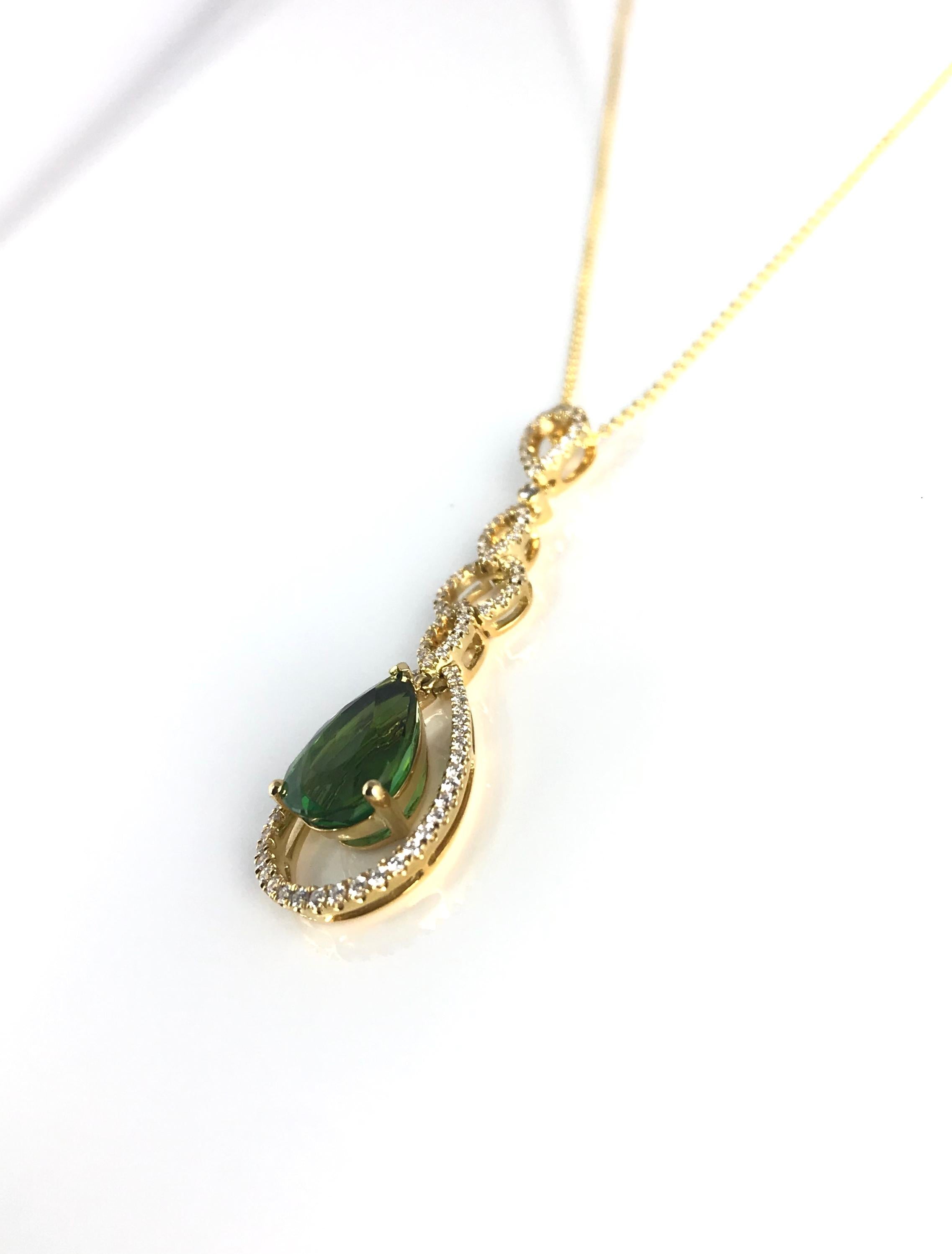 Contemporary 3.83 Carat Pear Shape Green Tourmaline and Diamond Pendant in 18 Karat Gold