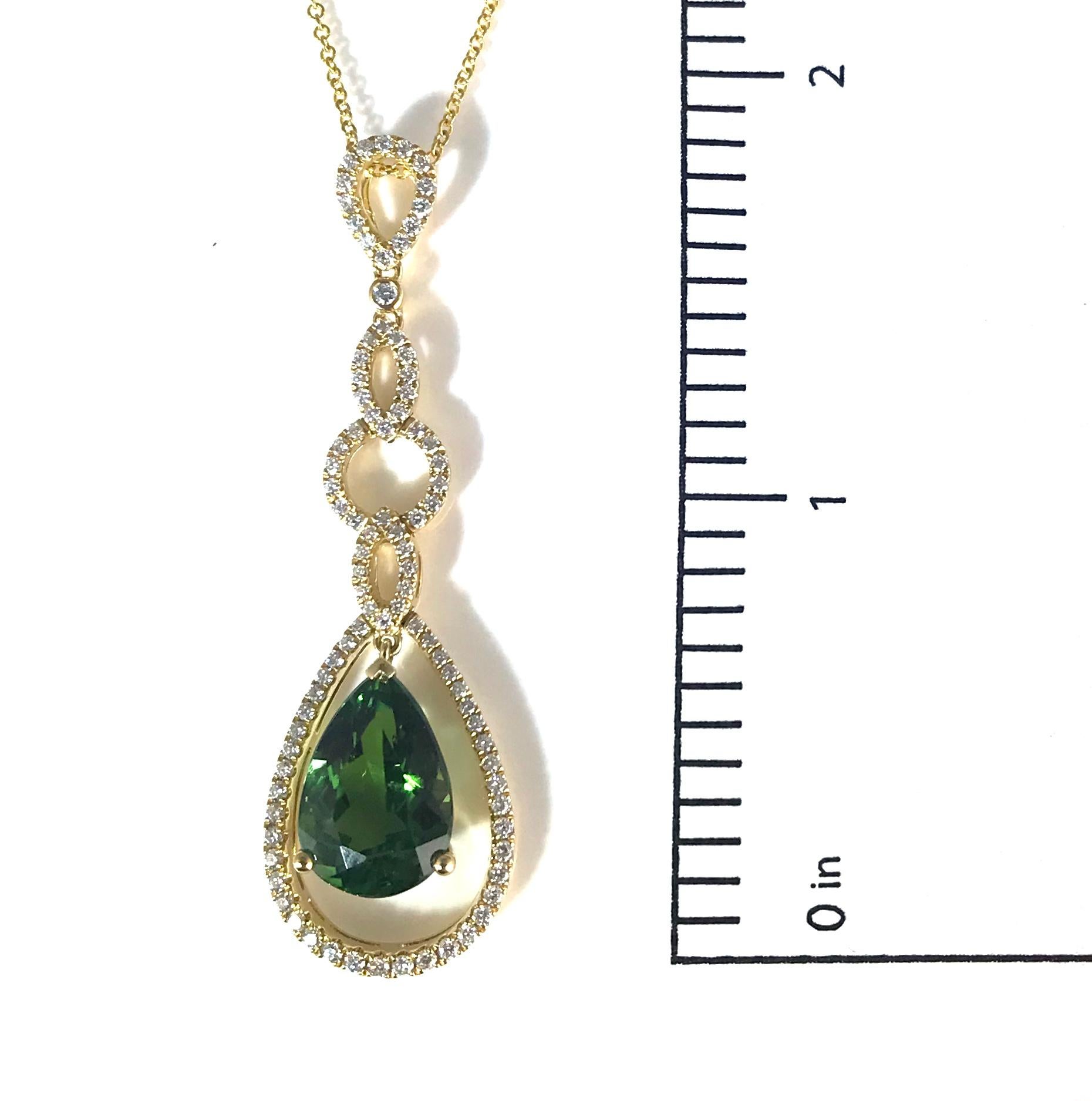 3.83 Carat Pear Shape Green Tourmaline and Diamond Pendant in 18 Karat Gold In New Condition In New York, NY