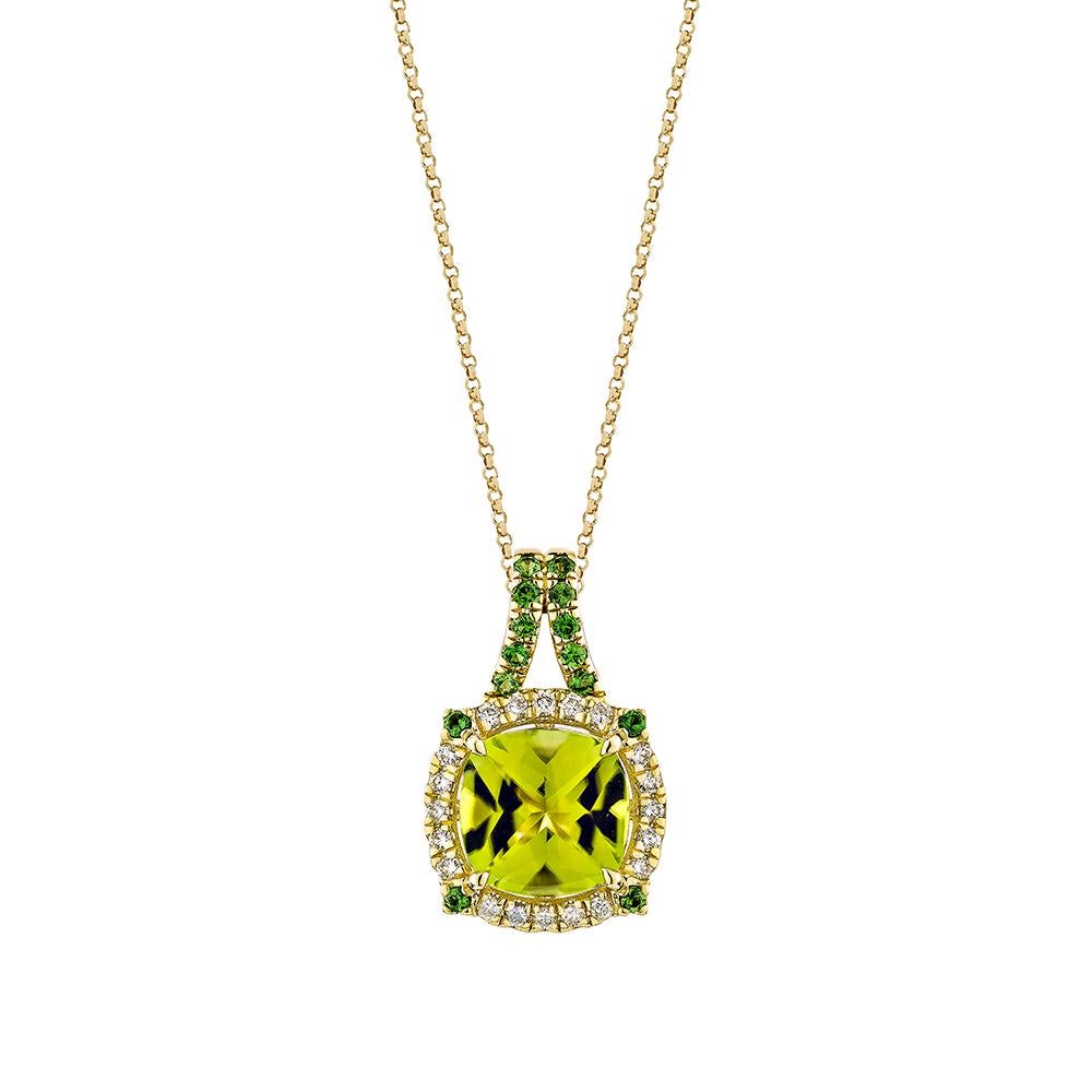 This collection features a selection of the most Olivia hue peridot gemstone. Uniquely designed this pendant with tsavorite and diamonds in Yellow gold to present a rich and regal look.

Peridot Pendant in 18Karat Yellow Gold with Tsavorite and 