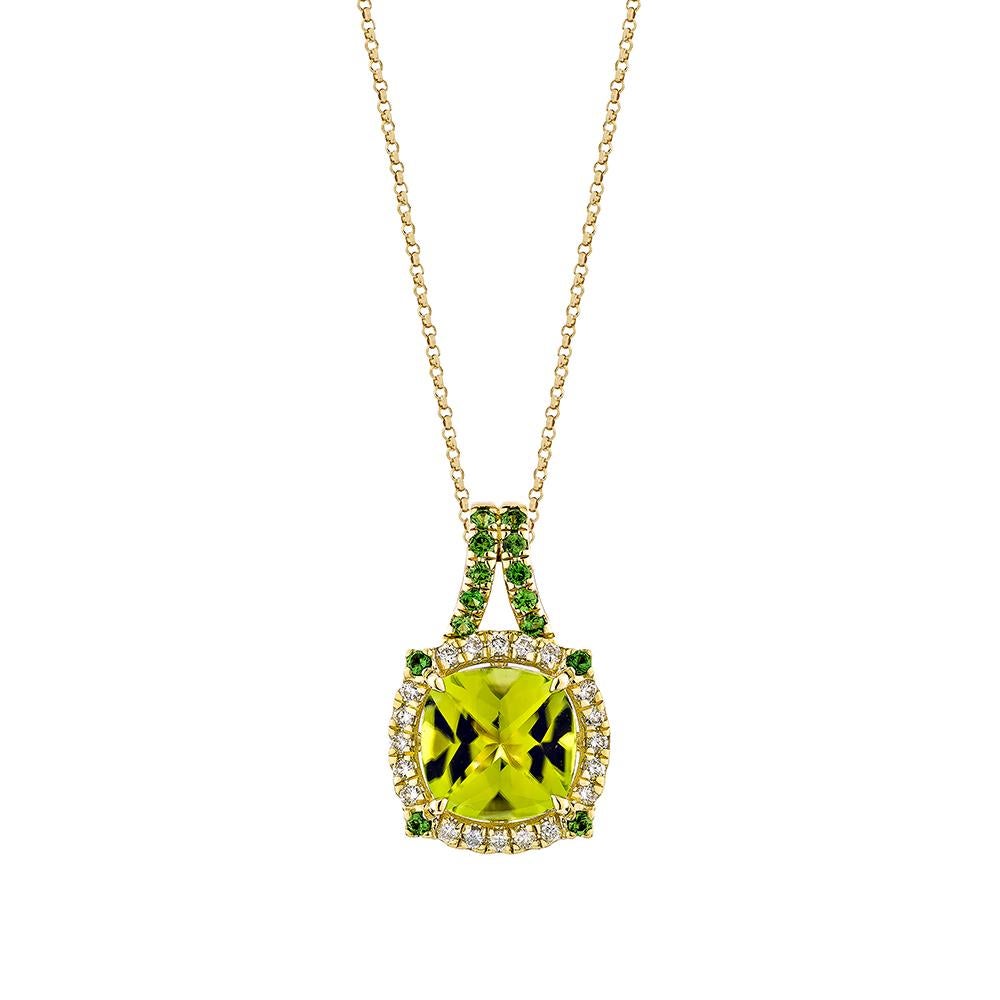 Contemporary 3.83 Carat Peridot Pendant in 18Karat Yellow Gold with Tsavorite and Diamond. For Sale