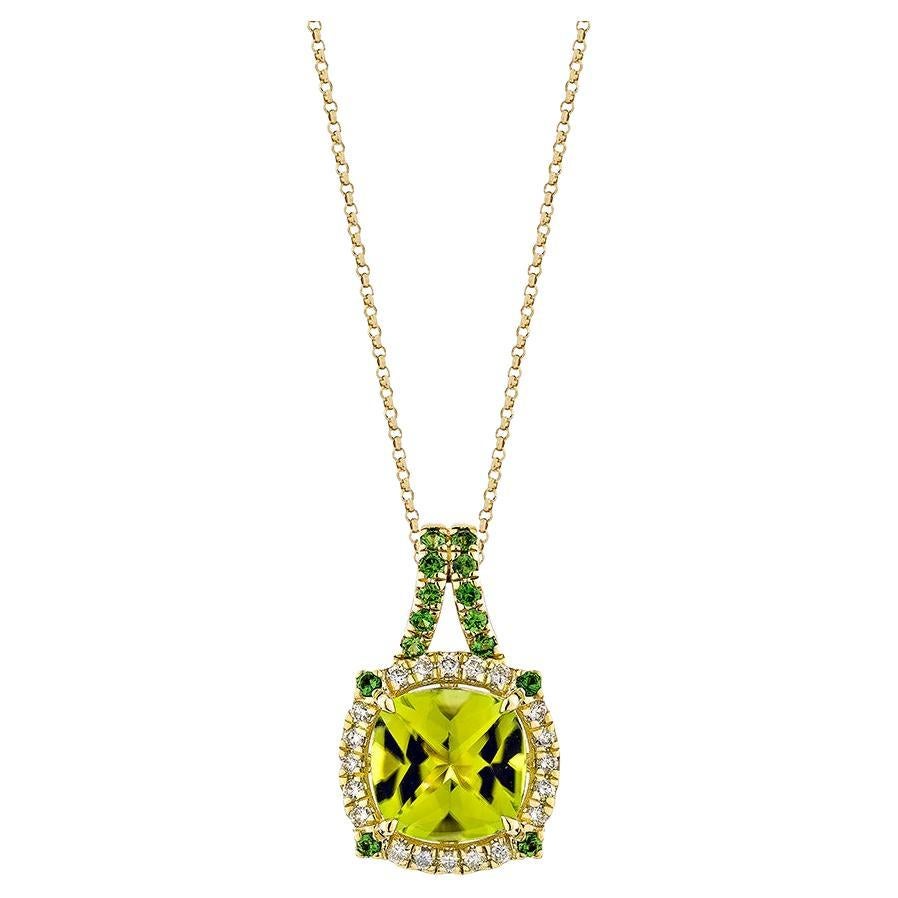 3.83 Carat Peridot Pendant in 18Karat Yellow Gold with Tsavorite and Diamond. For Sale