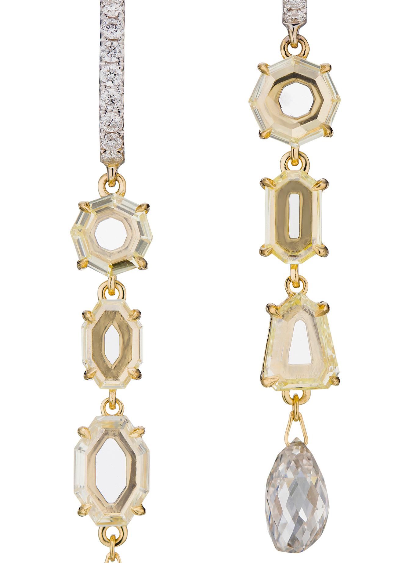 Rosecut fancy yellow VS diamonds briolet white SI diamonds and round diamonds lined in 18k yellow gold