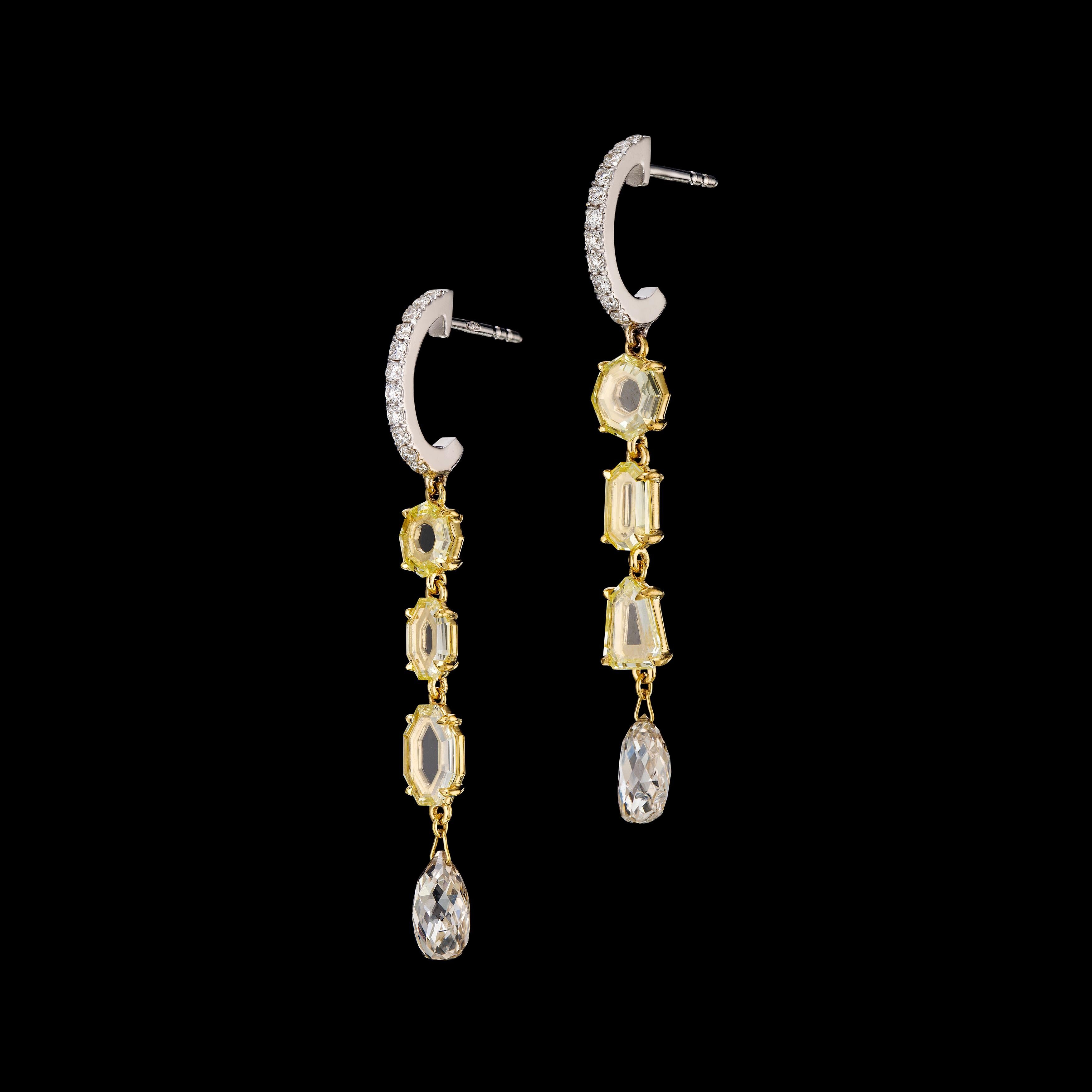Rose Cut 3.83 Carat Rosecut Briolet and Round Diamonds Earrings in 18 Karat Gold For Sale
