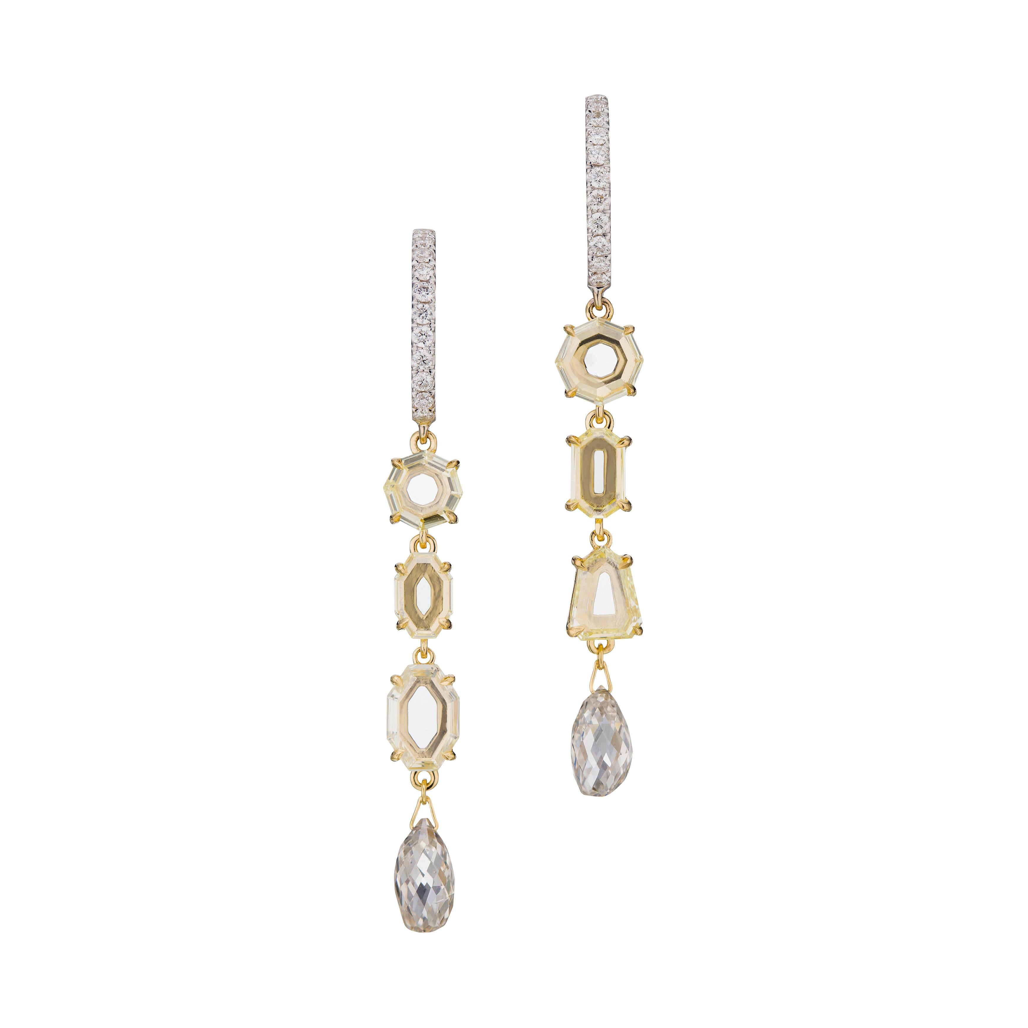 3.83 Carat Rosecut Briolet and Round Diamonds Earrings in 18 Karat Gold For Sale