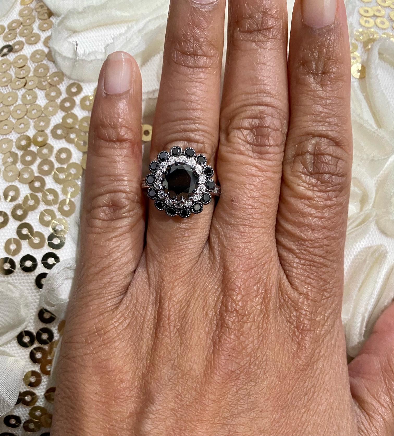 3.83 Carat Black and White Diamond White Gold Engagement Ring 1