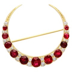 3.83 Carat Ruby and Diamond Yellow Gold Crescent Brooch Antique Circa 1890