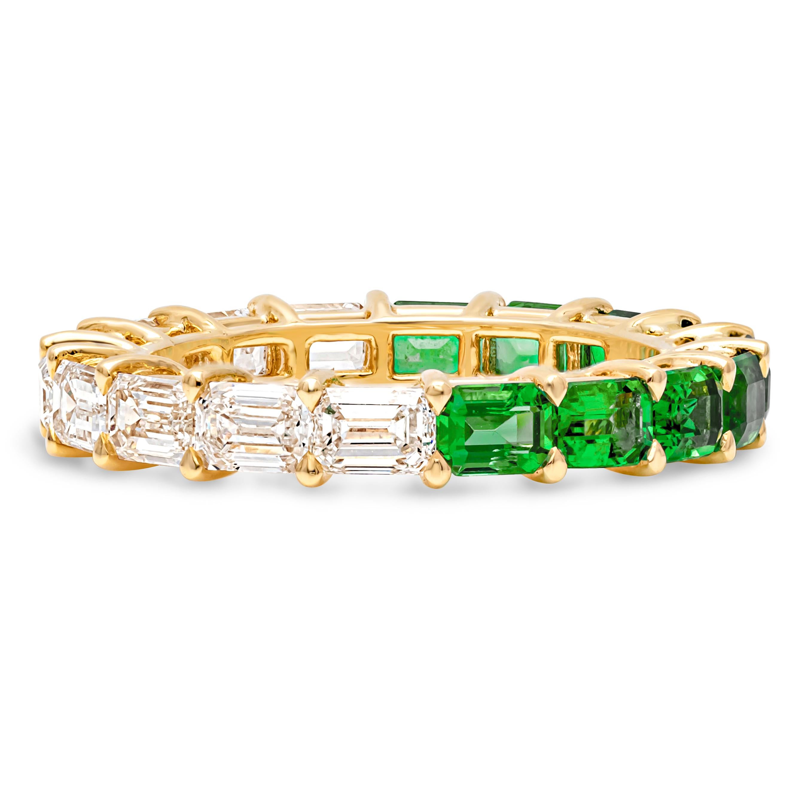 An appealing eternity wedding band style showcasing a color-rich 9 octagon cut green emerald weighing 1.66 carats total and 9 brilliant emerald cut diamonds weighing 2.17 carats total, set in a shared prong setting. Eternity set in an open gallery