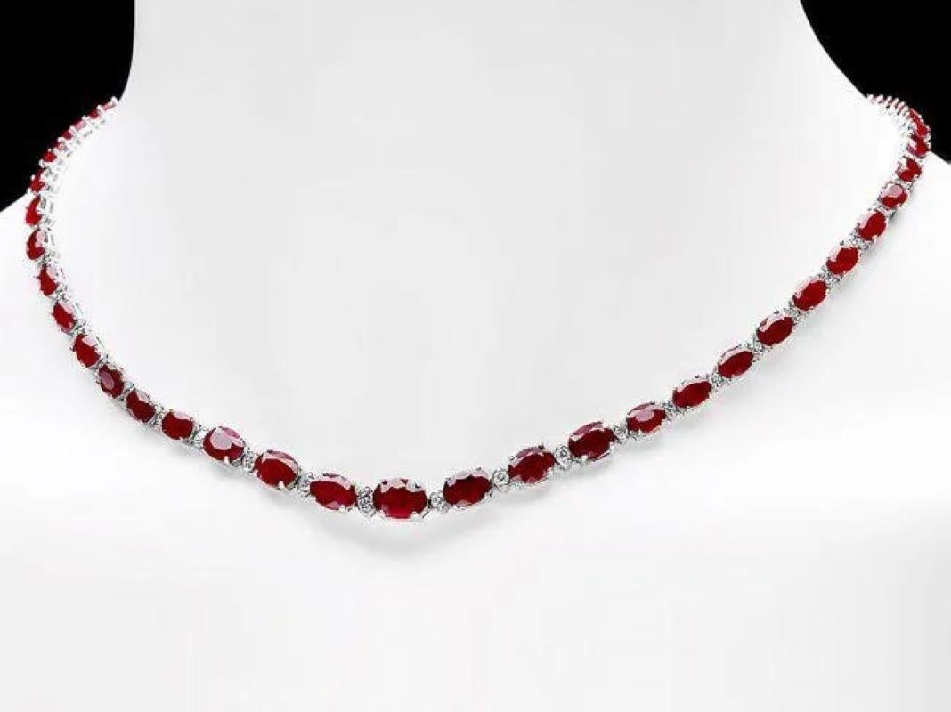 38.30ct Natural Ruby and Diamond 14K Solid White Gold Necklace For Sale 1