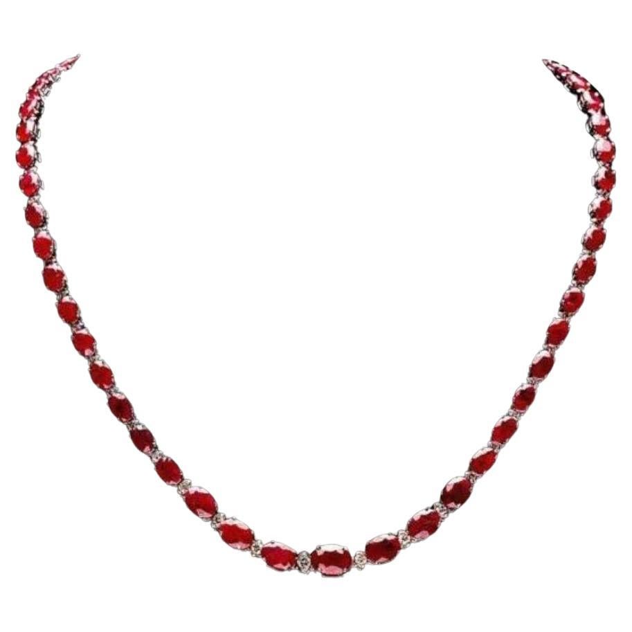 38.30ct Natural Ruby and Diamond 14K Solid White Gold Necklace For Sale