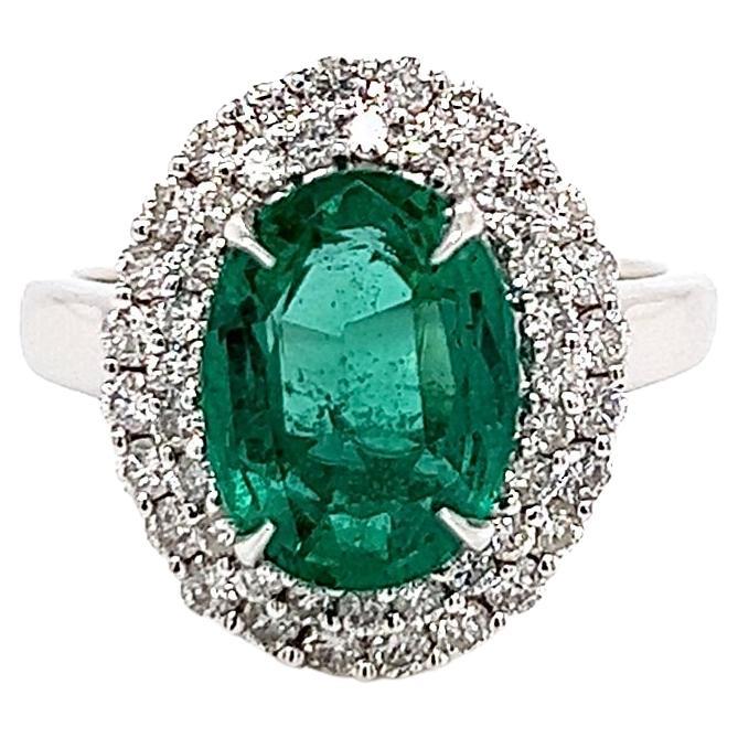 3.83 Total Carat Green Emerald and Diamond Engagement Ring For Sale