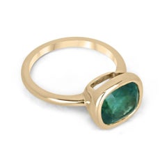 3.83ct 14K Natural Dark Green Cushion Cut Emerald Solitaire Bezel Set Ring