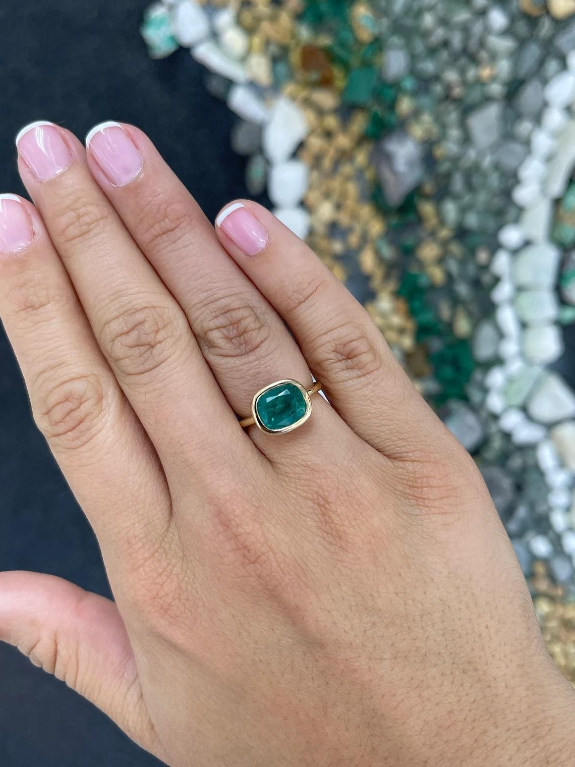 3.83ct 14K Natural Dark Green Cushion Cut Emerald Solitaire Bezel Set Ring In New Condition For Sale In Jupiter, FL