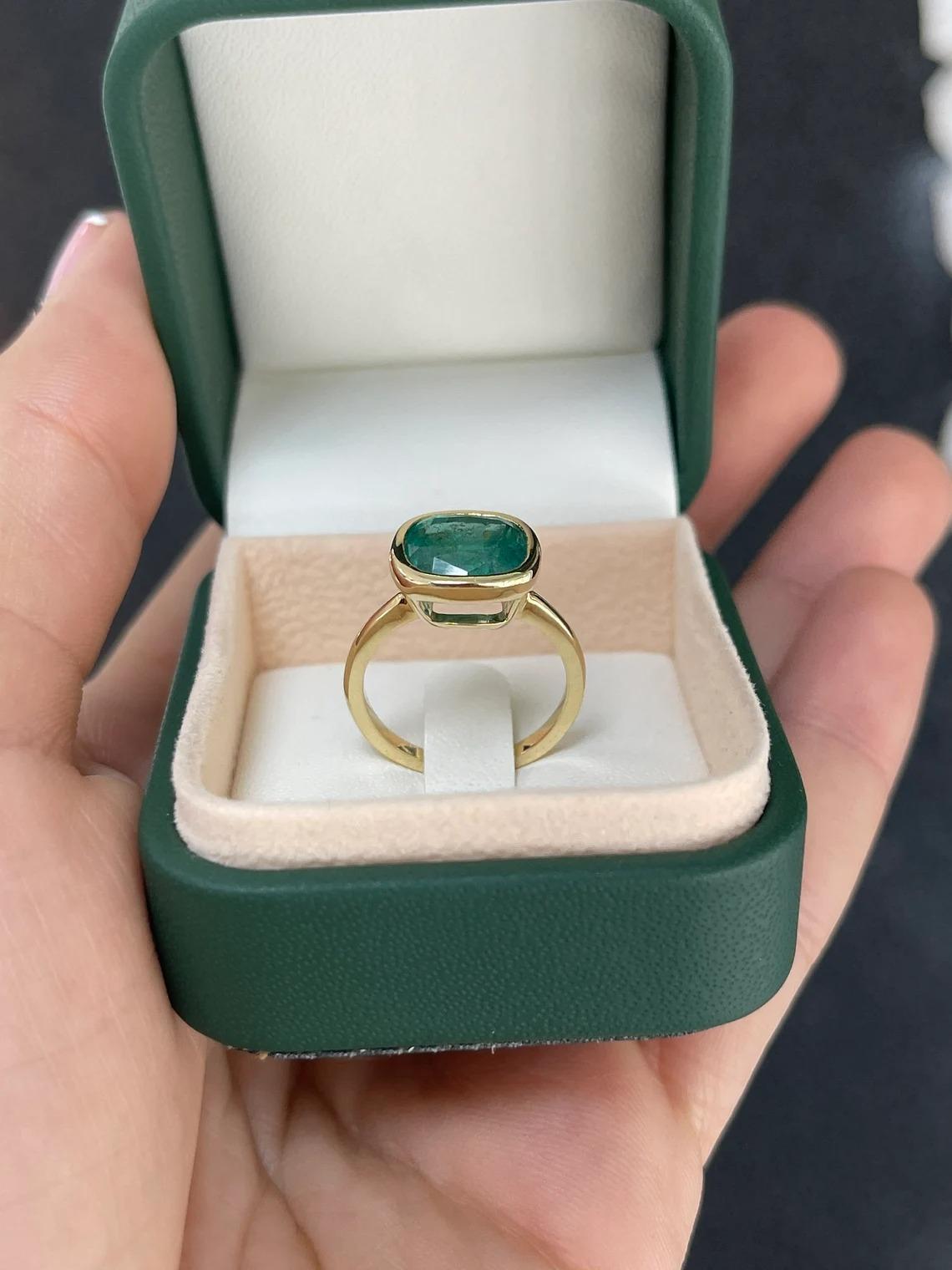 3.83ct 14K Natural Dark Green Cushion Cut Emerald Solitaire Bezel Set Ring For Sale 4