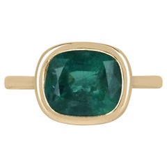 3.83ct 14K Natural Dark Green Cushion Cut Emerald Solitaire Bezel Set Ring