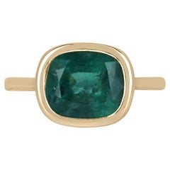 3.83ct 14K Nature Vert foncé Émeraude taille coussin Solitaire Bague avec chaton