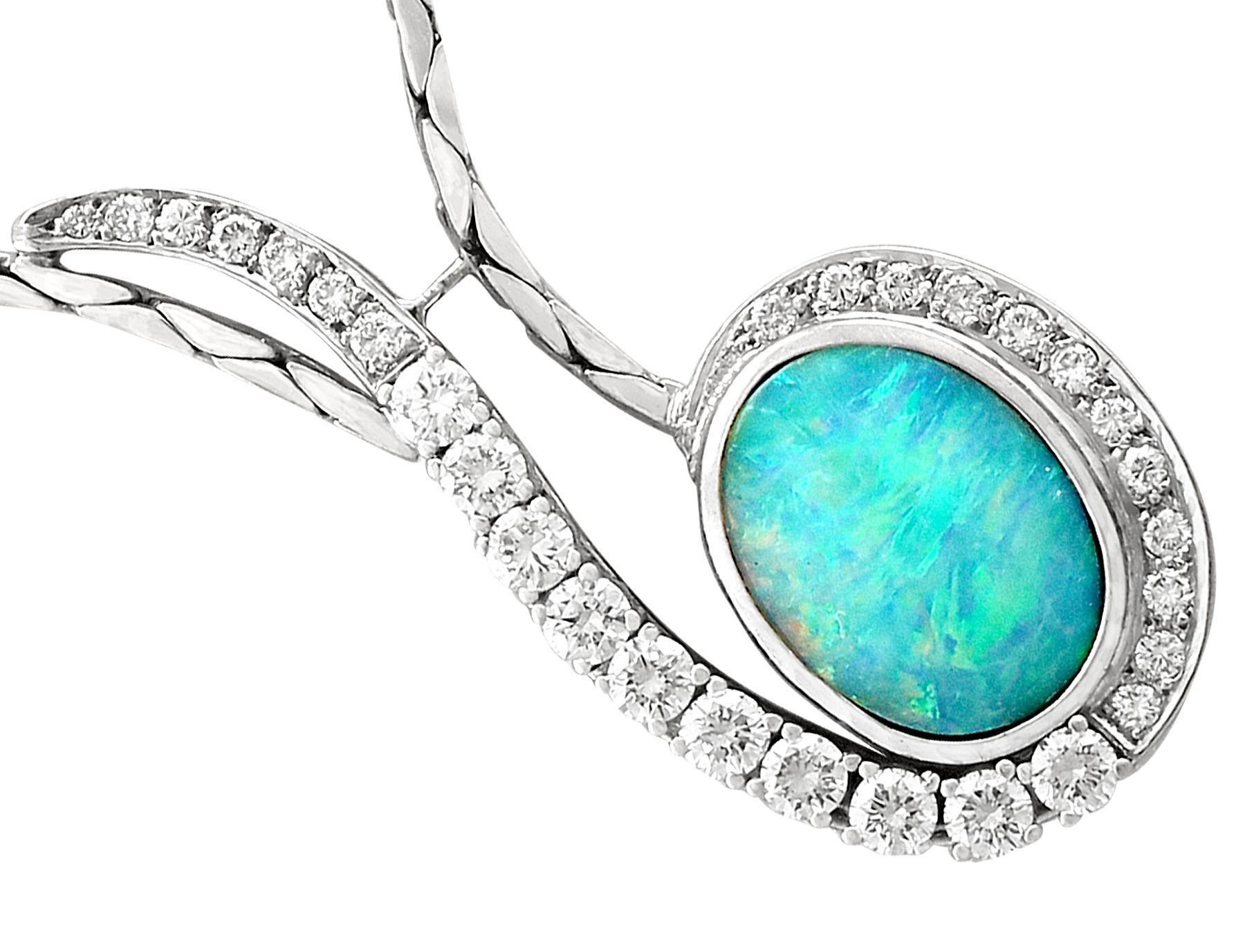 Retro 3.84 Carat Cabochon Cut Opal and 1.86 Carat Diamond White Gold Necklace