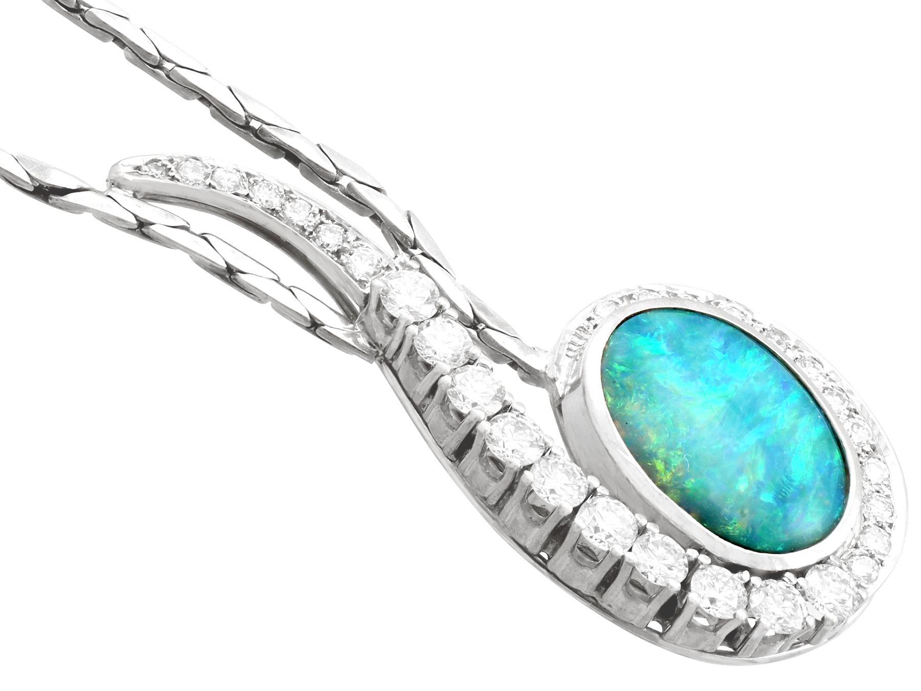 Round Cut 3.84 Carat Cabochon Cut Opal and 1.86 Carat Diamond White Gold Necklace