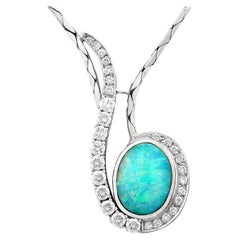 3.84 Carat Cabochon Cut Opal and 1.86 Carat Diamond White Gold Necklace