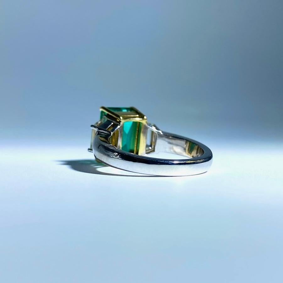 Emerald Cut 3.84 Carat Columbian Emerald Diamond Ring 18K Gold For Sale