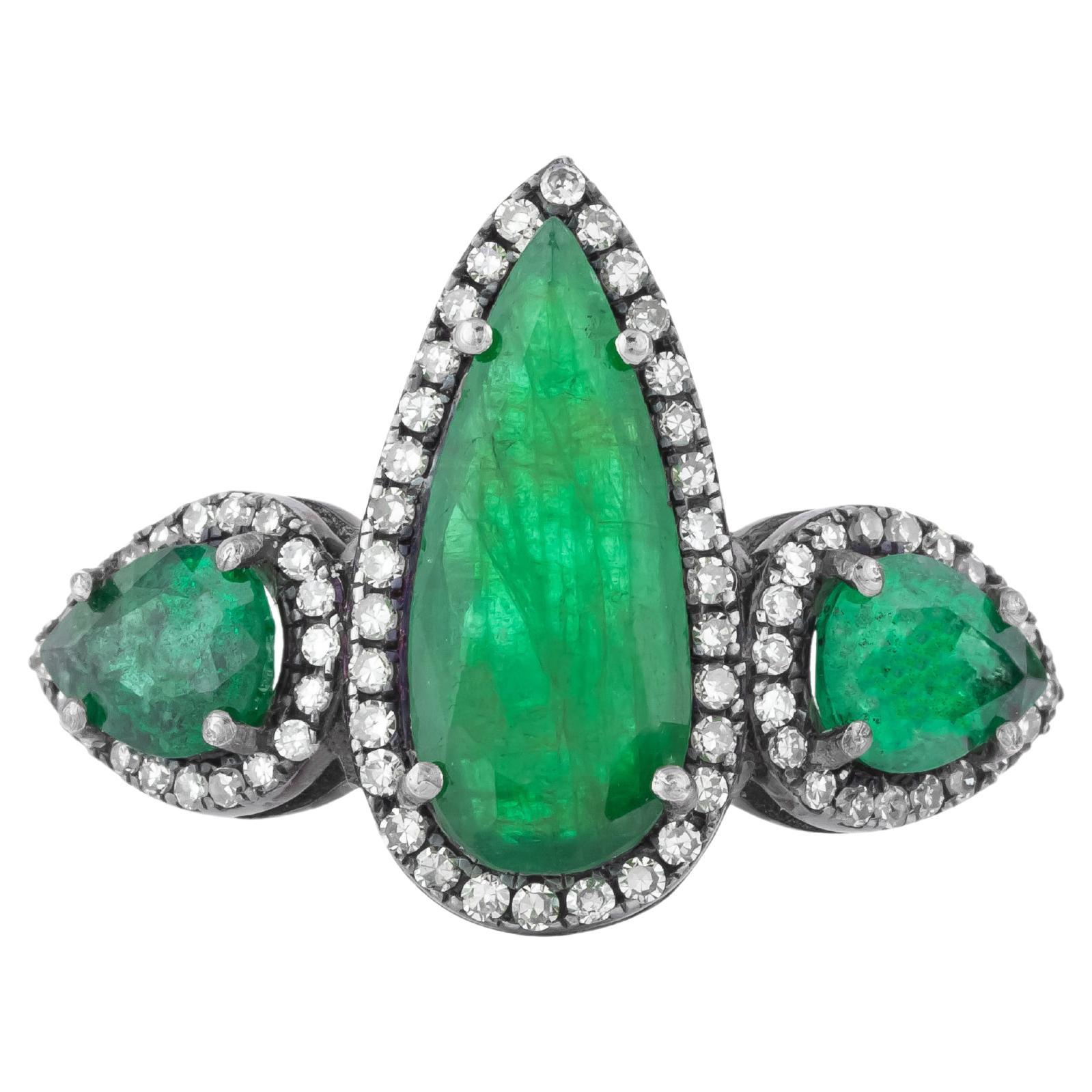 3.84 Carat Diamond and Emerald Three Stone Ring