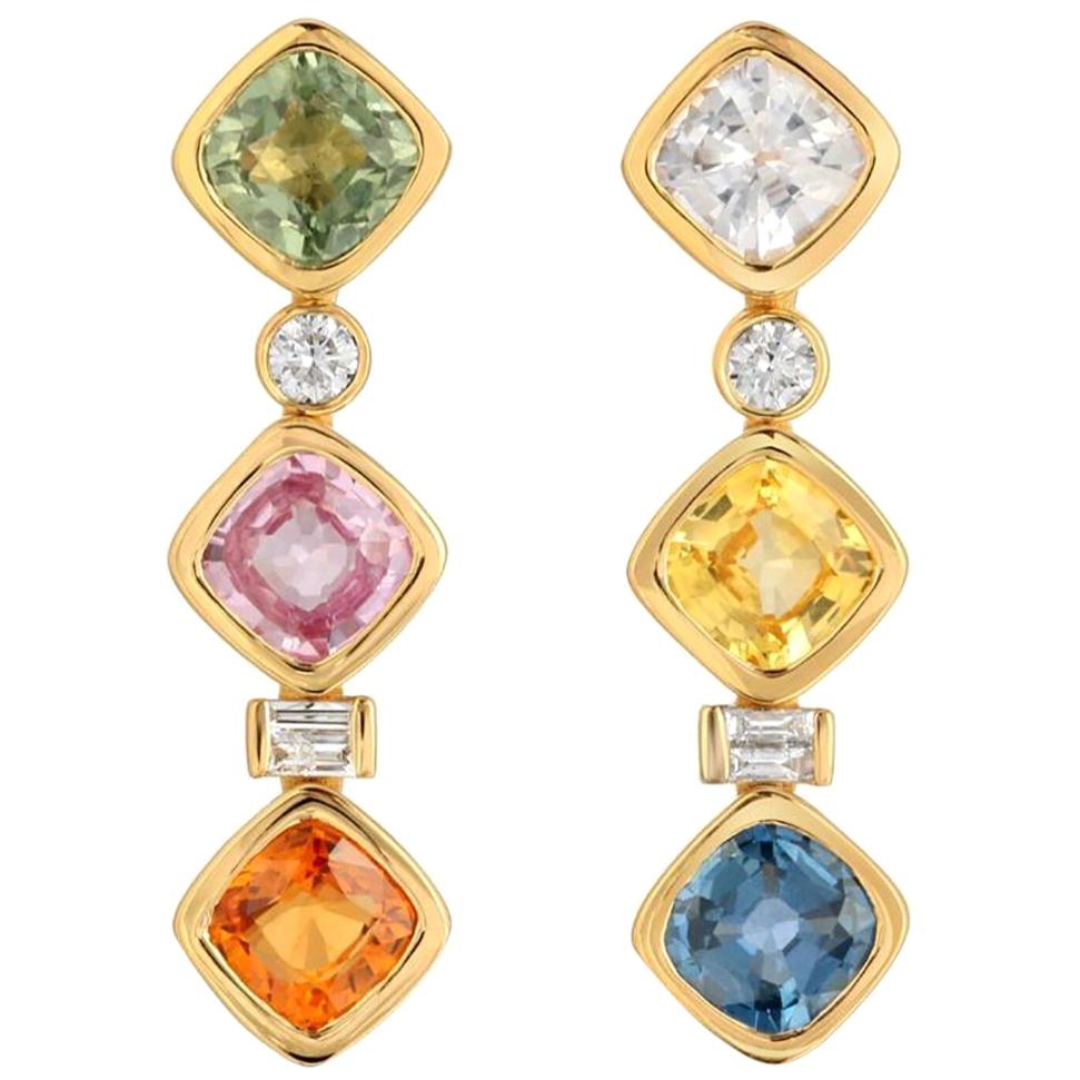 3.84 Carat Multi-Color Stones 0.18 CT Diamonds 18K Yellow Gold Dangle Earrings For Sale