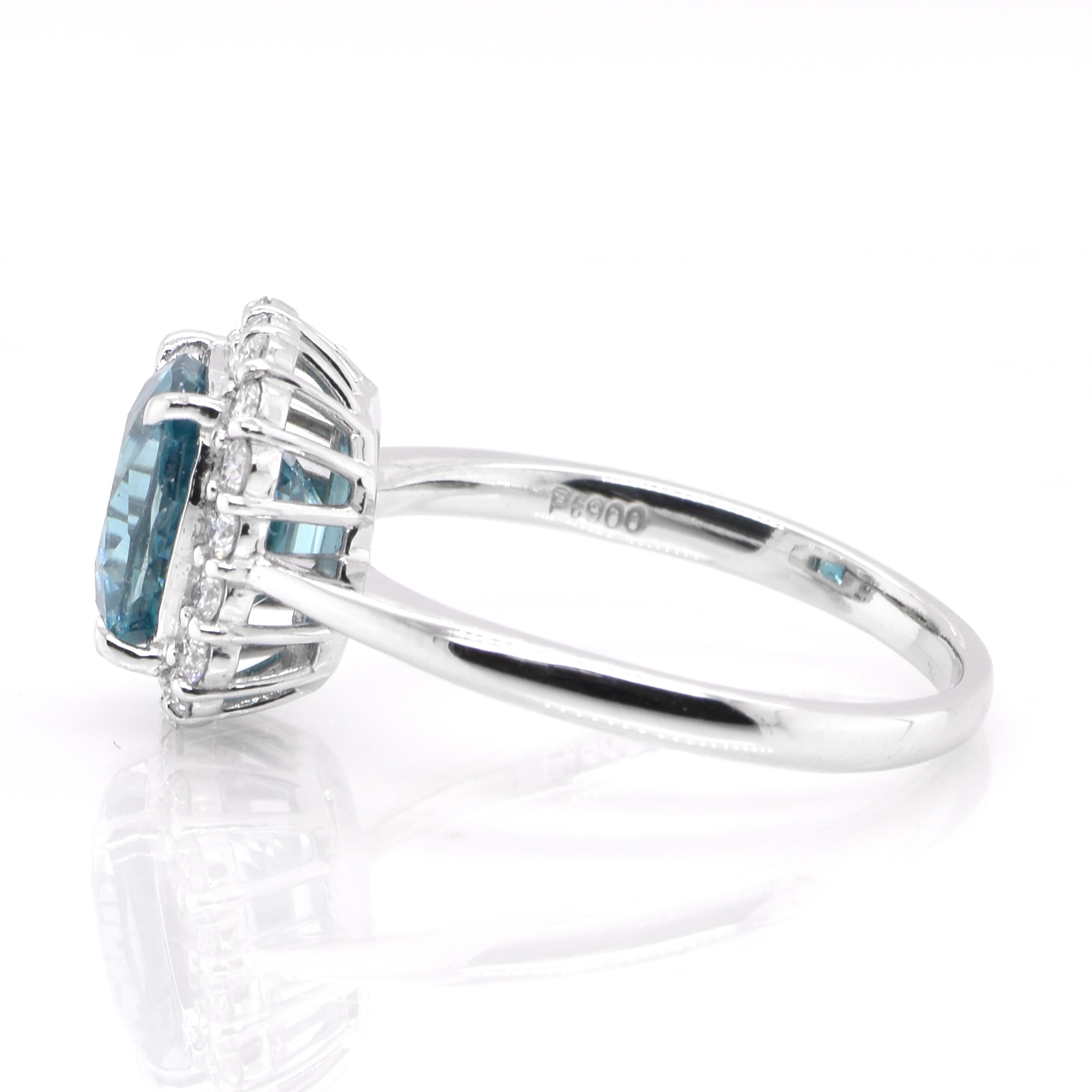 Cushion Cut 3.84 Carat Natural Cambodian Zircon and Diamond Halo Ring Set in Platinum For Sale