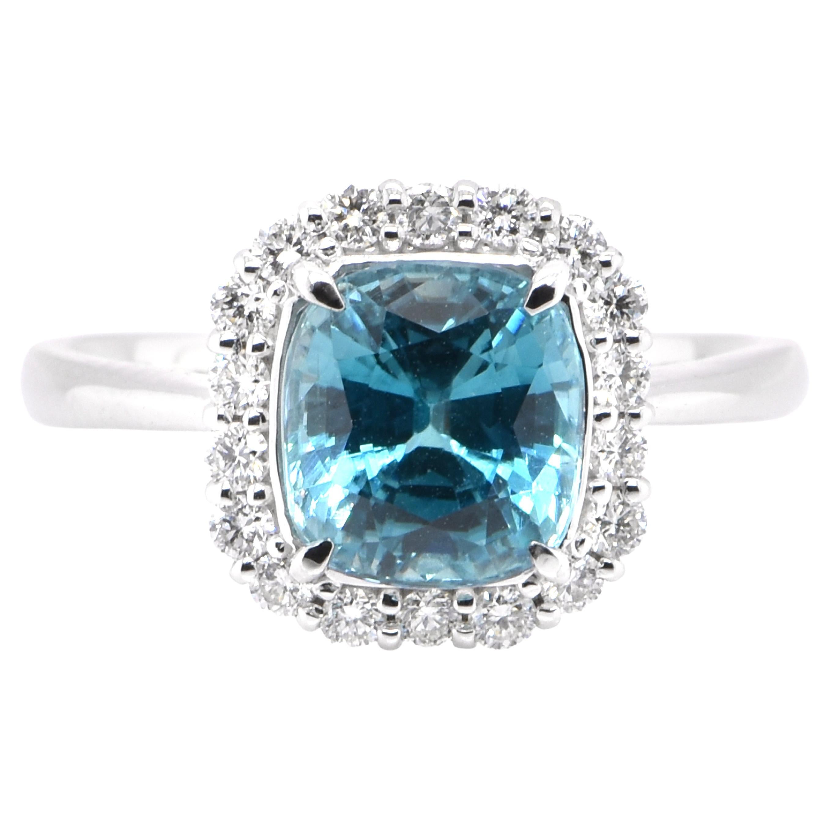 3.84 Carat Natural Cambodian Zircon and Diamond Halo Ring Set in Platinum For Sale