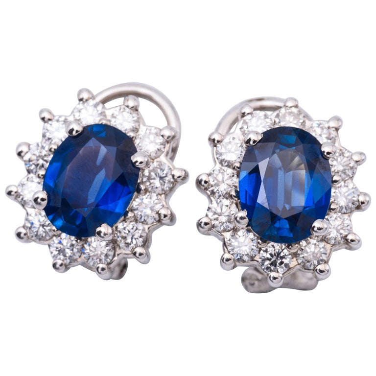 3.84 Carat Oval Sapphires Diamond Gold Earrings For Sale at 1stDibs