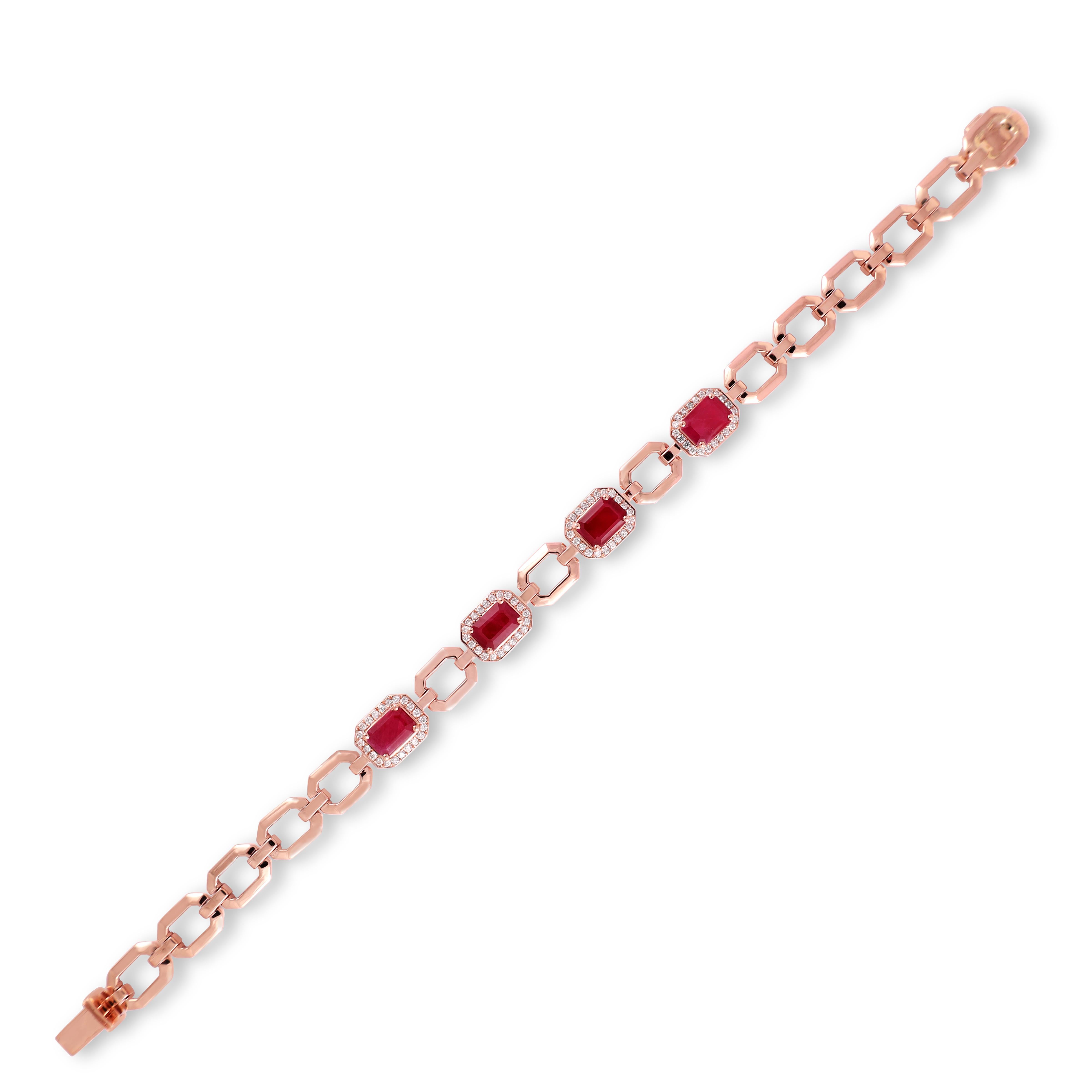 3.84 Carat Ruby 
 and Diamond  Bracelet in 18K Rose Gold

This magnificent Octagon shape Ruby Bracelet is incredulous. Octagon -shaped Ruby are beautifully With  Diamonds & Small Diamond making the bracelet more graceful and adding depth.


Details