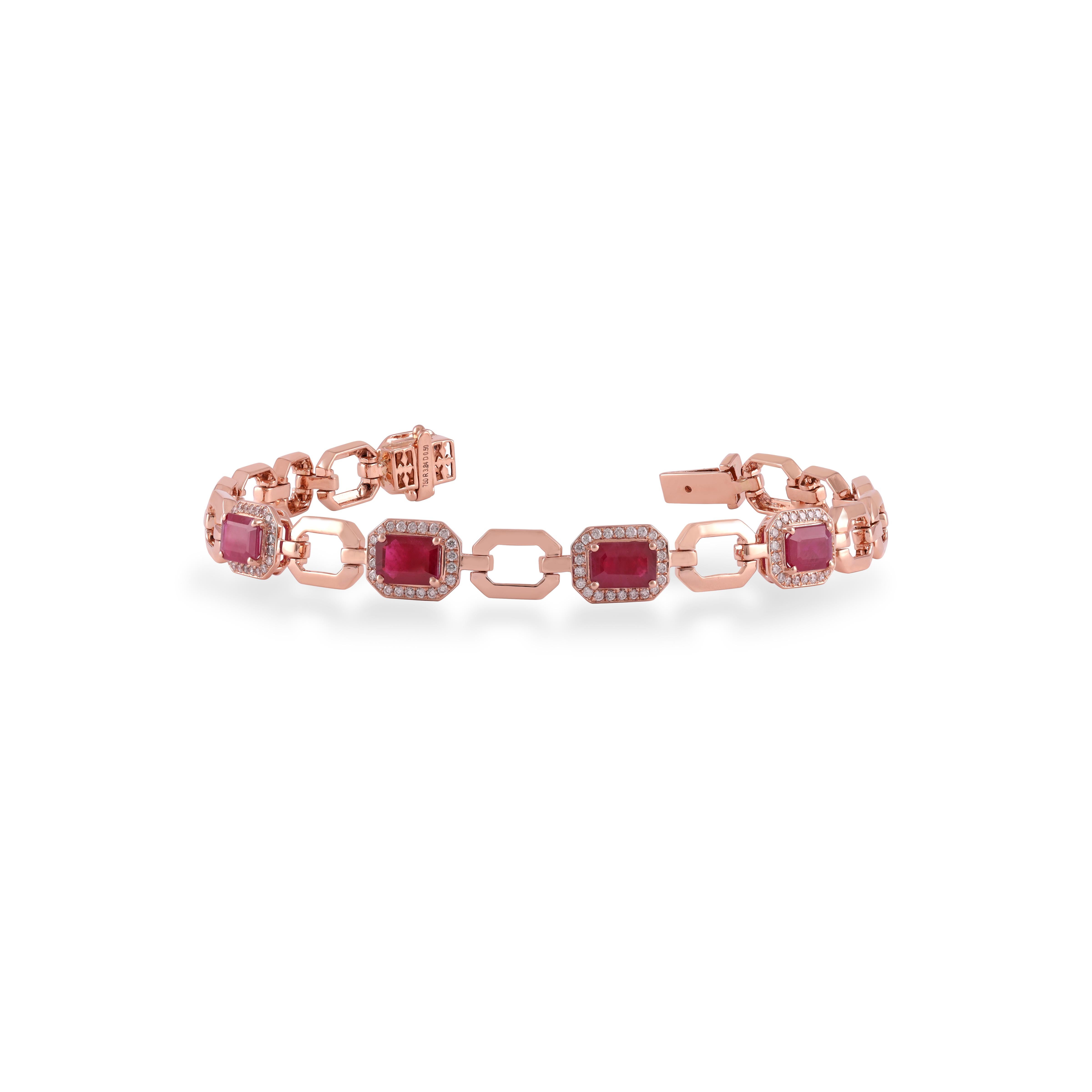 Contemporary 3.84 Carat Ruby and Diamond bracelet in 18k Rose Gold