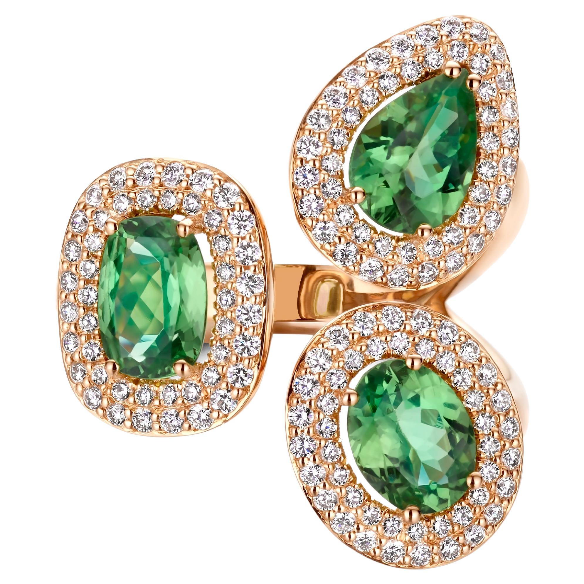 3.84 Carat Three-Stone Tsavorite And Diamond Rose Gold Cocktail Ring For Sale