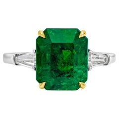 3.84 Carats Emerald Cut Colombian Emerald Three Stone Engagement Ring