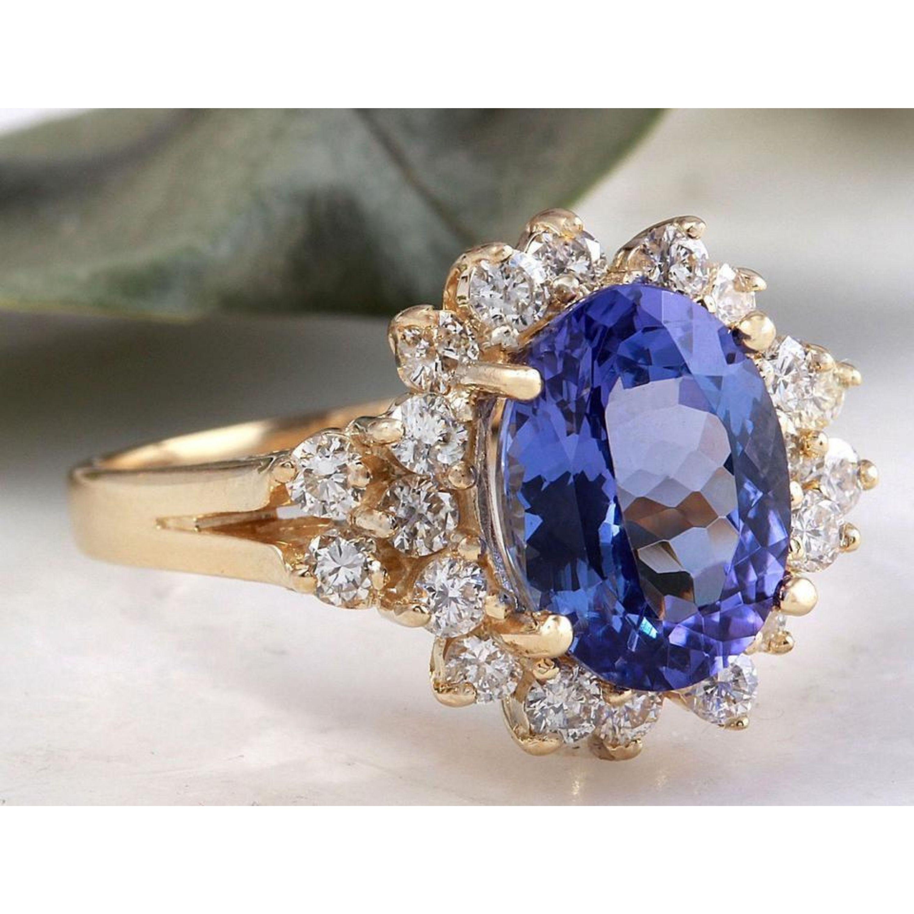 Taille ronde Tanzanite naturelle de 3,84 carats et diamants de 14 carats de couleur jaune massif très beau en vente