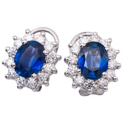 3.84 Carat Oval Sapphires Diamond Gold Earrings