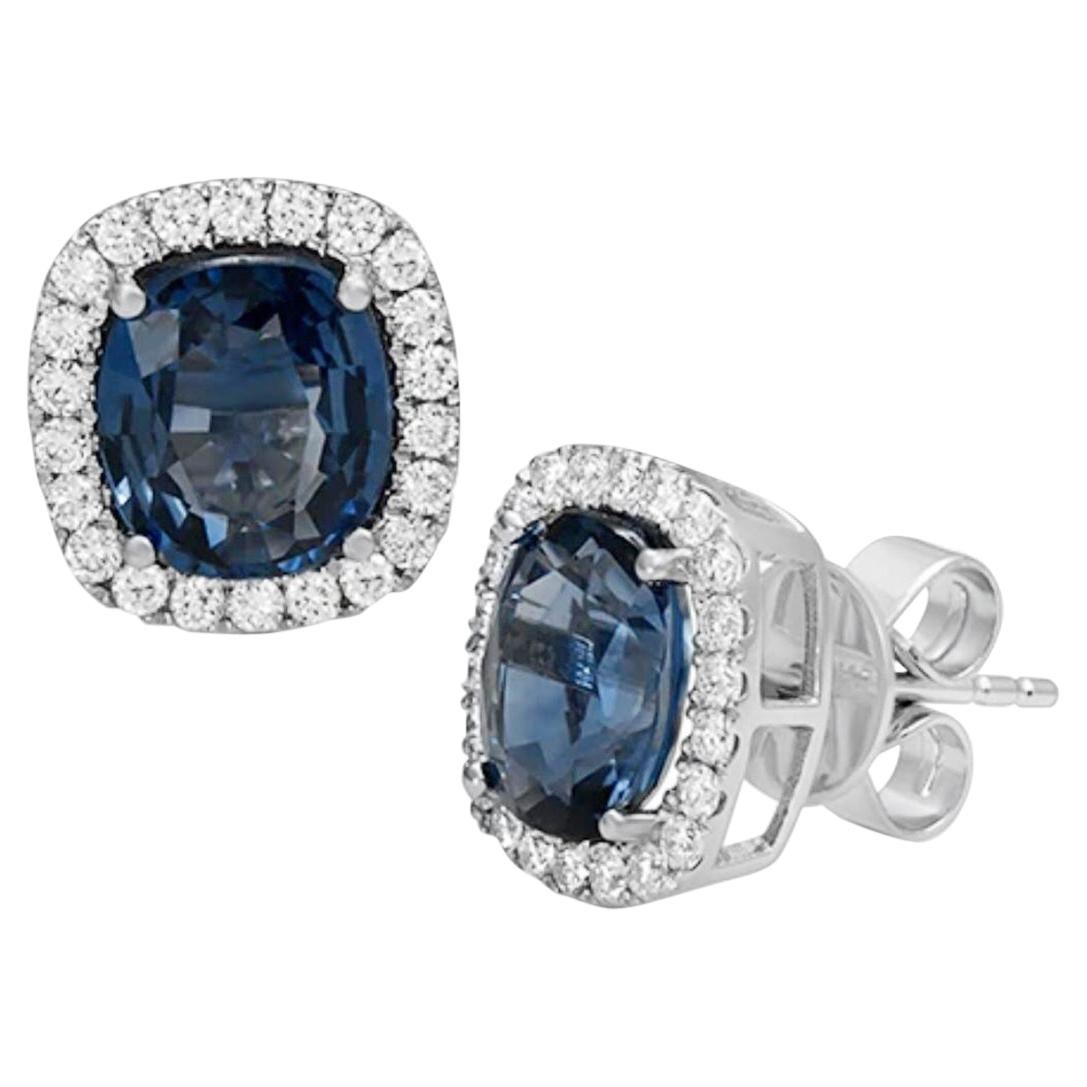 3.84 CT Natural Blue Sapphire & 0.52 CT Diamonds 14K White Gold Stud Earrings For Sale