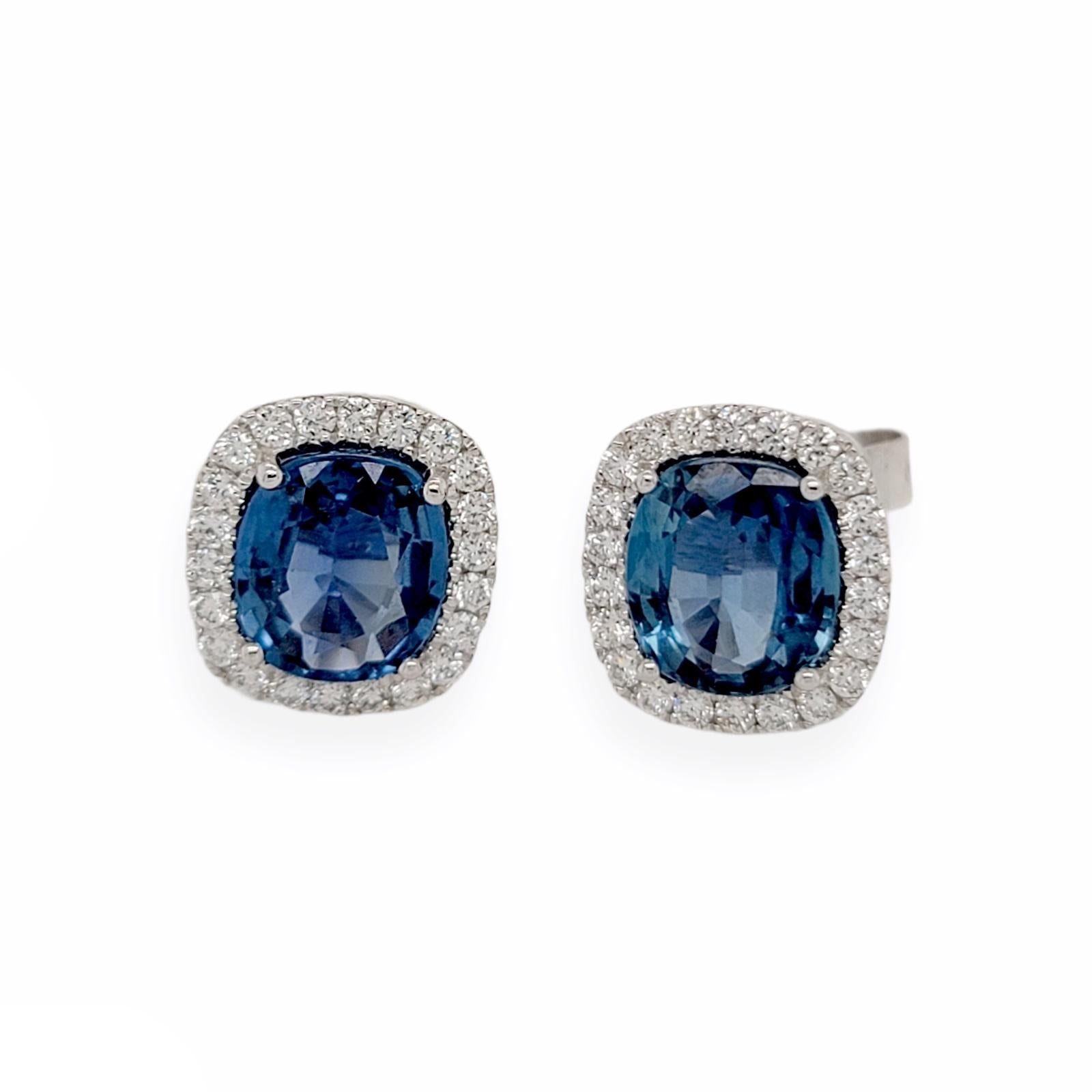 Round Cut 3.84 CT Natural Blue Sapphire & 0.52 CT Diamonds 14K White Gold Stud Earrings For Sale