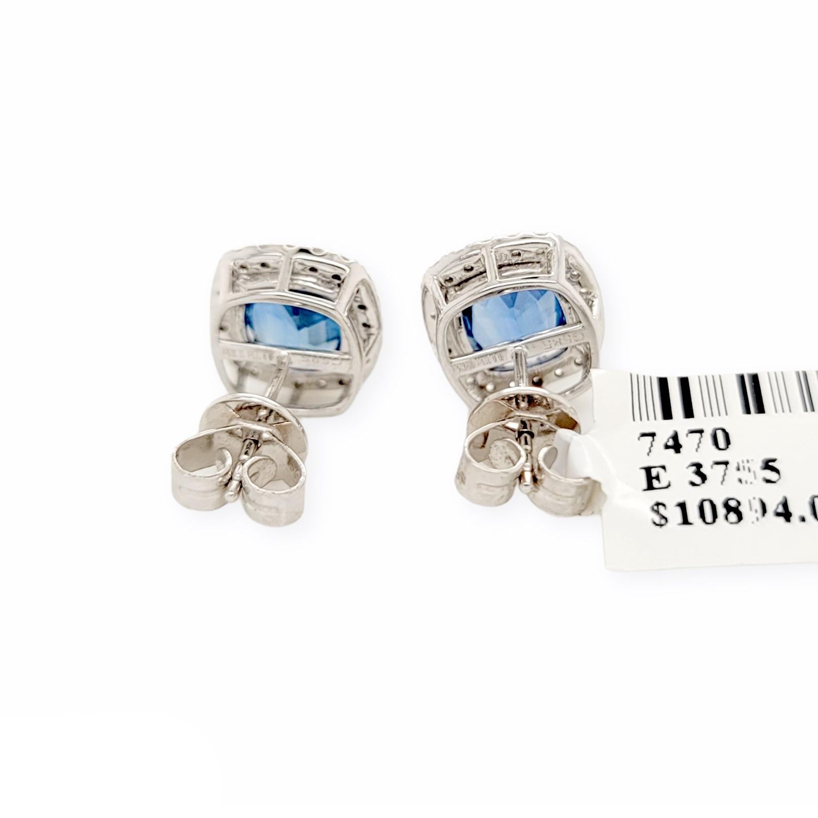 Women's or Men's 3.84 CT Natural Blue Sapphire & 0.52 CT Diamonds 14K White Gold Stud Earrings For Sale