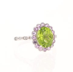 3.84 Peridot Pink Sapphire Diamond 14 Karat White Gold Ring