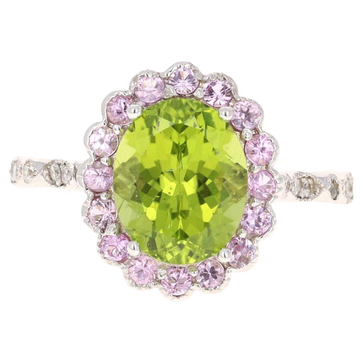 3.84 Peridot Pink Sapphire Diamond 14 Karat White Gold Ring
