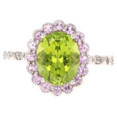 3.84 Peridot Pink Sapphire Diamond 14 Karat White Gold Ring
